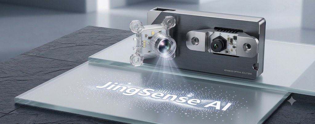 光學智能感應模組將 JingSense AI 光影投射於玻璃載台，展現精密光學設計